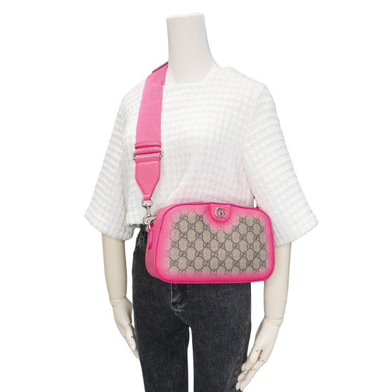 Gucci 展示品 Ophidia GG Supreme 帆布漸層斜背相機包(752591-桃紅/棕)-5