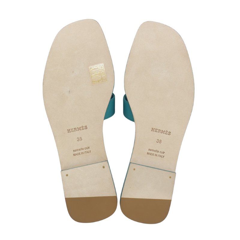Hermes 展示品 Epson Oran 小牛皮平底涼鞋#38(土耳其藍)-4