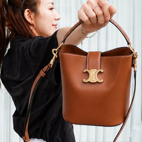 Celine 展示品 Louise 牛皮金釦凱旋門兩用水桶包-小(棕)
