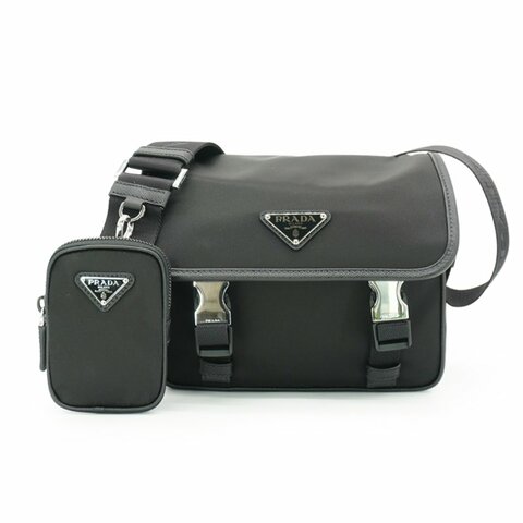 Prada Re-Nylon 銀三角logo尼龍雙釦斜背包(2VD034-黑)
