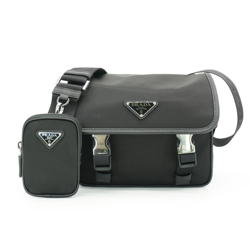 Prada Re-Nylon 銀三角logo尼龍雙釦斜背包(2VD034-黑)-0