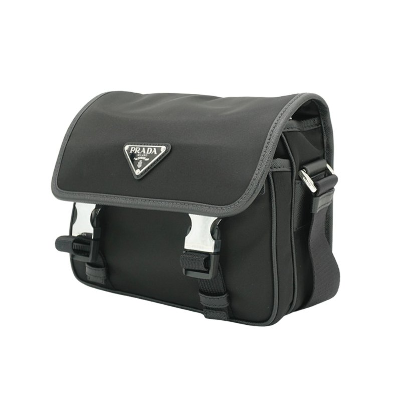 Prada Re-Nylon 銀三角logo尼龍雙釦斜背包(2VD034-黑)-1