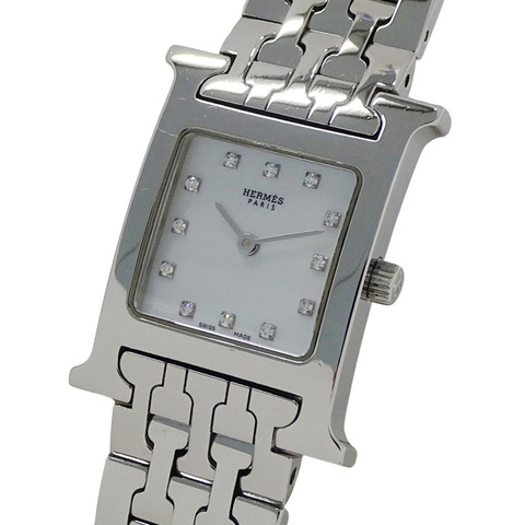 愛馬仕 (Hermes) 女士腕錶品牌 H-Watch 12P 鑲鑽石英錶 QZ HH1.210 不鏽鋼 SS 銀色