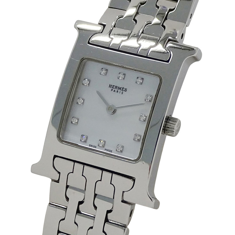 愛馬仕 (Hermes) 女士腕錶品牌 H-Watch 12P 鑲鑽石英錶 QZ HH1.210 不鏽鋼 SS 銀色-0