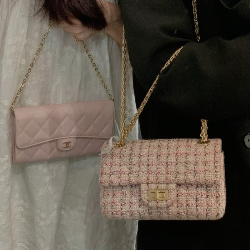 Chanel 粗花呢2.55小號 粉色拼色 金扣 25*15*8 99新配件保卡 塵袋-0