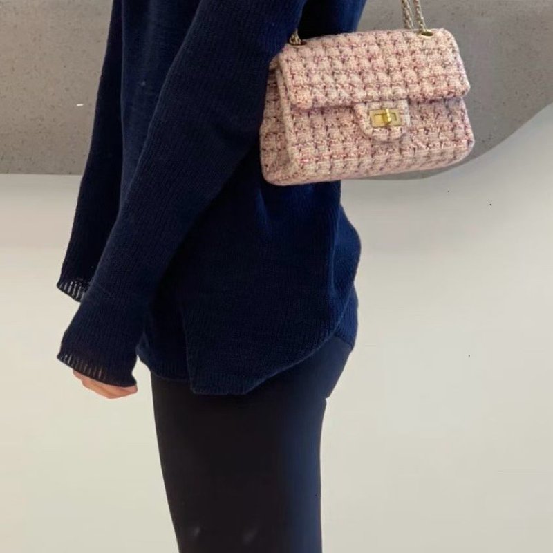Chanel 粗花呢2.55小號 粉色拼色 金扣 25*15*8 99新配件保卡 塵袋-1