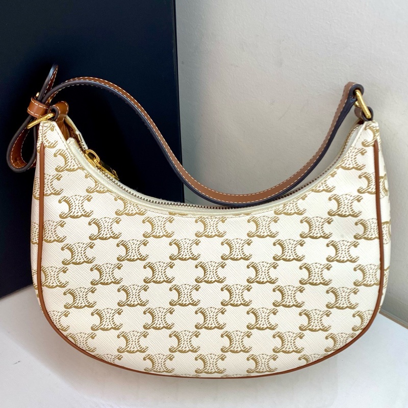 Celine/賽琳 AVA Triomphe凱旋門白色拼老花塗層帆布月亮包腋下包 21年標-0