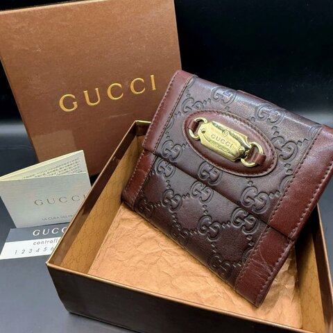 【二手美品】Gucci古馳✨深咖啡棕紅✨經典雙G壓紋牛皮短夾皮夾零錢包卡包卡夾