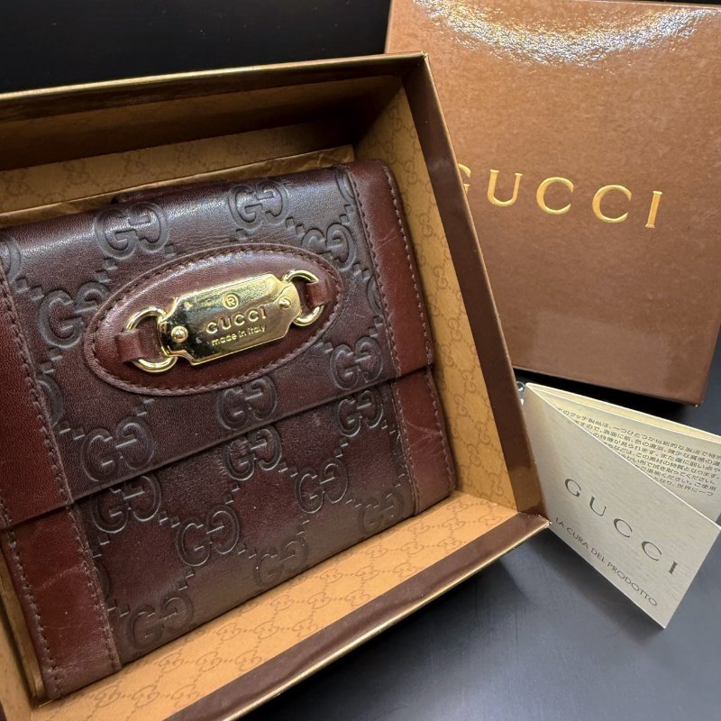 Gucci古馳✨深咖啡棕紅✨經典雙G壓紋牛皮短夾皮夾零錢包卡包卡夾-5