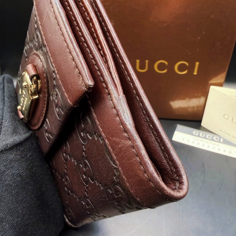 Gucci古馳✨深咖啡棕紅✨經典雙G壓紋牛皮短夾皮夾零錢包卡包卡夾-7