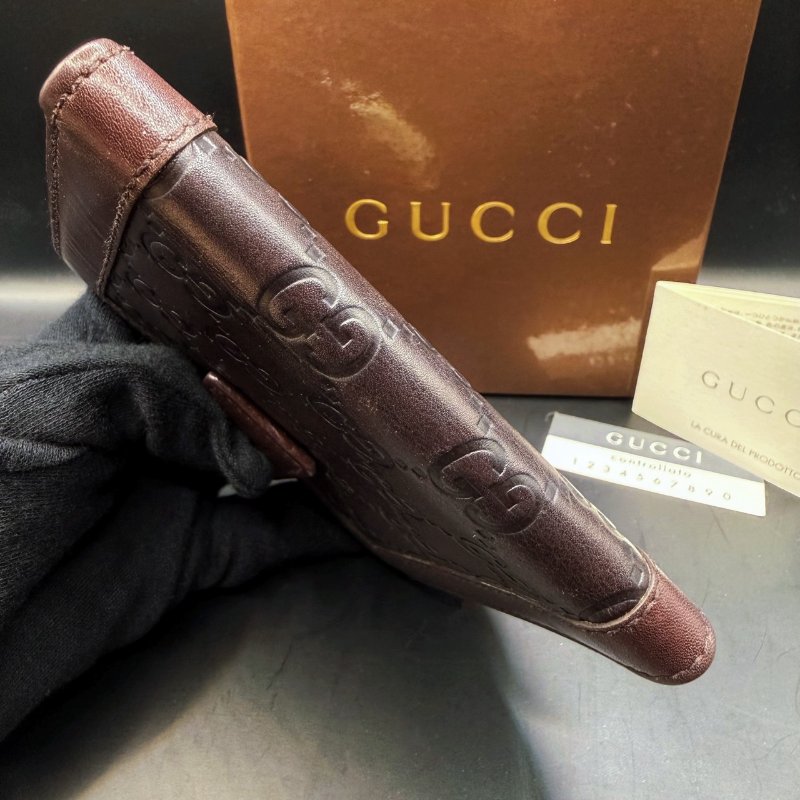 Gucci古馳✨深咖啡棕紅✨經典雙G壓紋牛皮短夾皮夾零錢包卡包卡夾-11