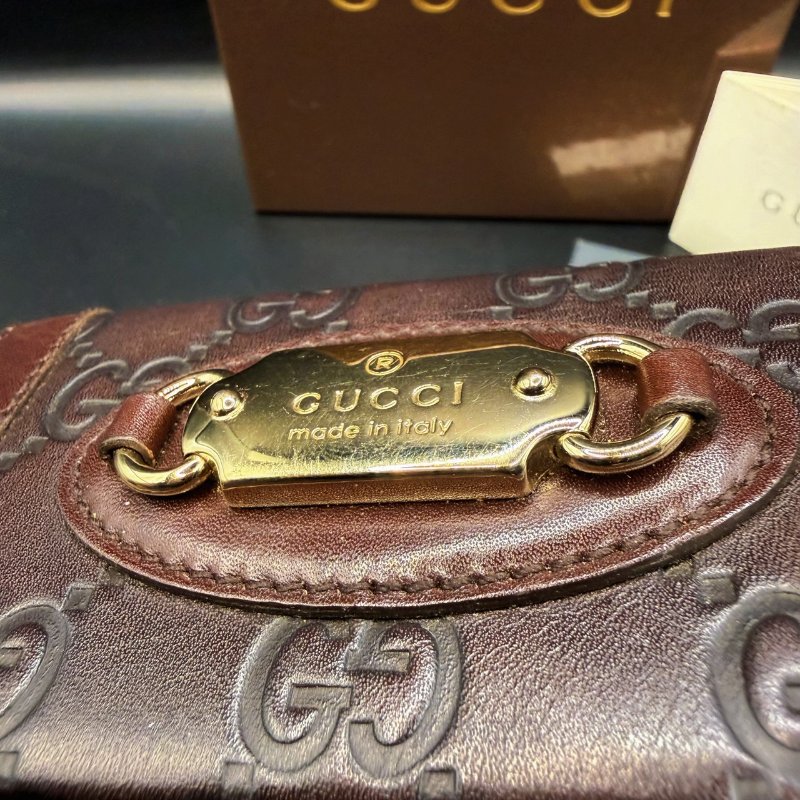 Gucci古馳✨深咖啡棕紅✨經典雙G壓紋牛皮短夾皮夾零錢包卡包卡夾-23