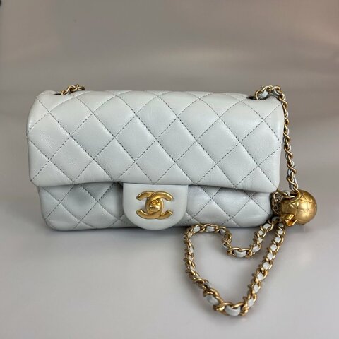 CHANEL CF20霧灰藍金球側肩包 晶片款