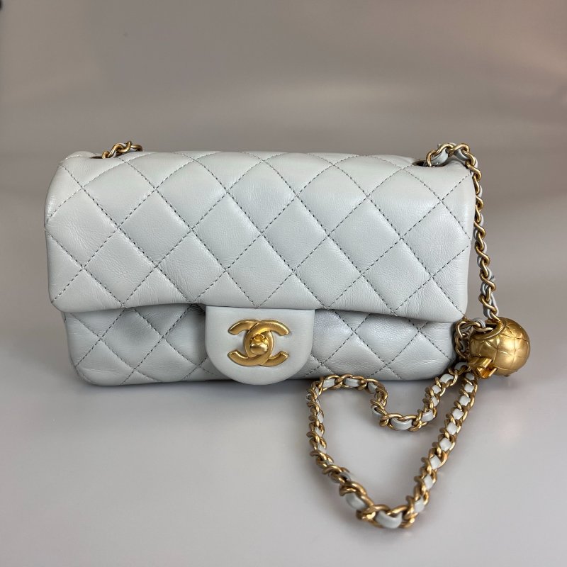 CHANEL CF20霧灰藍金球側肩包 晶片款-0