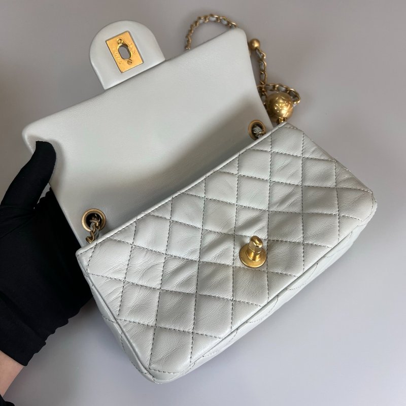 CHANEL CF20霧灰藍金球側肩包 晶片款-5