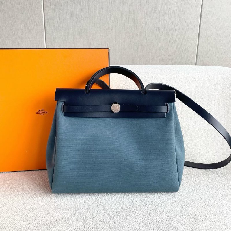 ️Hermes Herbag31 藍黑棕三拼色 銀扣 帆布拼皮 31*25*10 99新配件鑰匙*2 塵袋 盒-1