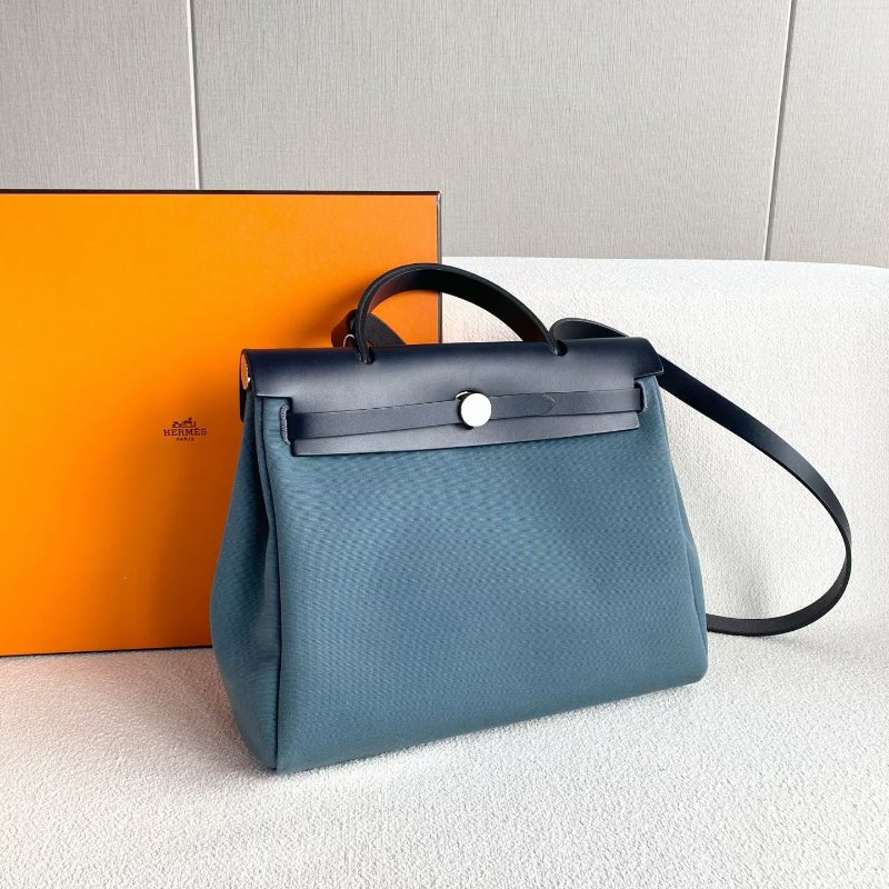 ️Hermes Herbag31 藍黑棕三拼色 銀扣 帆布拼皮 31*25*10 99新配件鑰匙*2 塵袋 盒-2