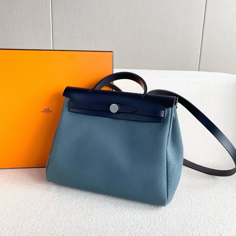 ️Hermes Herbag31 藍黑棕三拼色 銀扣 帆布拼皮 31*25*10 99新配件鑰匙*2 塵袋 盒-4