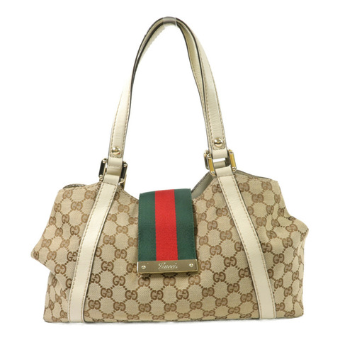 GUCCI 帆布/牛皮皮革Web Flap Tote肩背袋