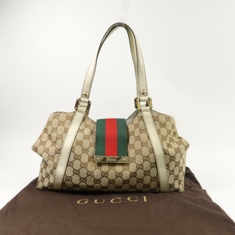 GUCCI 帆布/牛皮皮革Web Flap Tote肩背袋-11