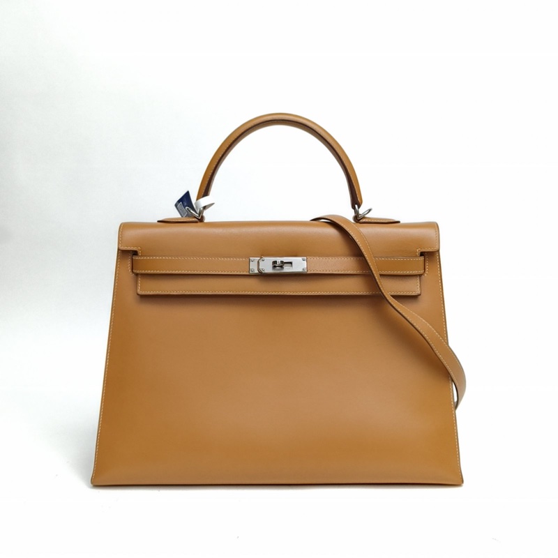 HERMES Kelly3521自然色馬鞍皮框H銀扣肩背包-0