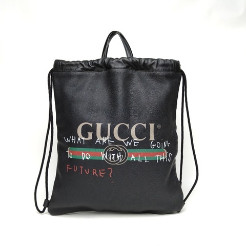 GUCCI Printleather抽繩雙肩包中號黑色牛皮