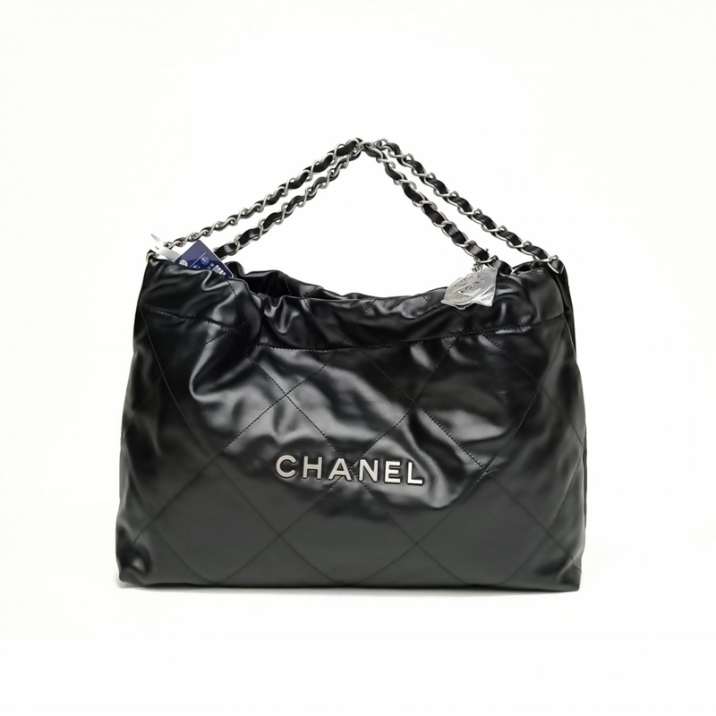 CHANEL 22Bag橫版小號38黑色牛皮晶片開銀扣肩背包-0