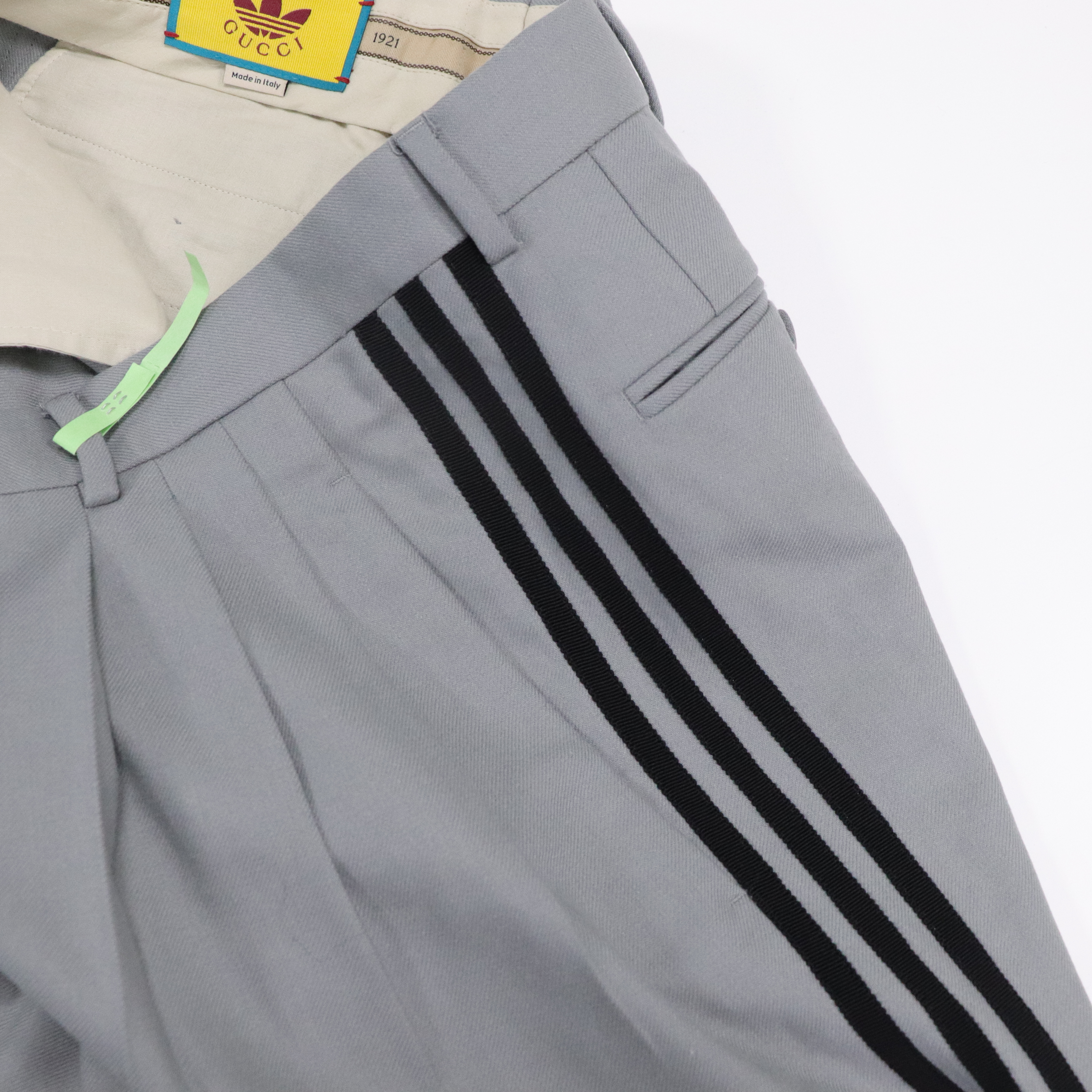 GUCCI x ADIDAS 灰色 羊毛 運動 三葉草條紋 西裝長褲 720173 ZAD94-5