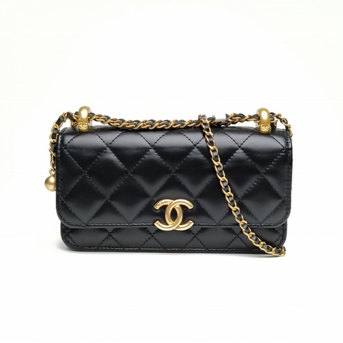 CHANEL 雙金珠mini吸扣woc黑色牛皮金扣雙金珠肩背包