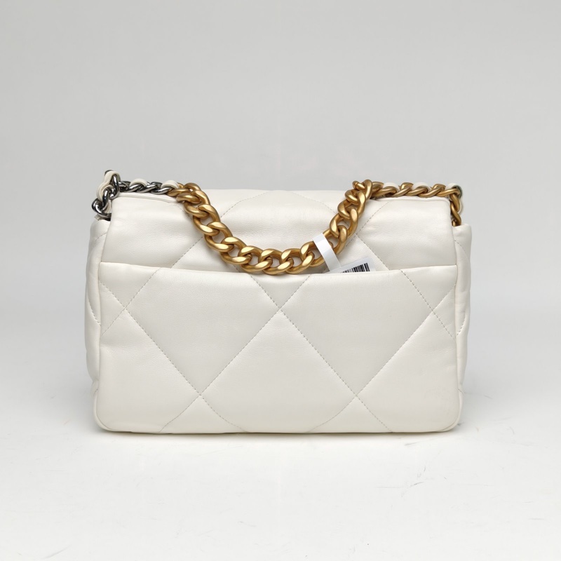 CHANEL 19BAG口蓋包小號白色羊皮晶片金銀扣肩背包-2
