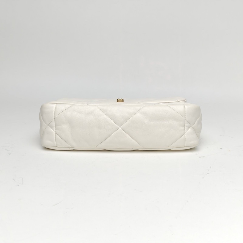 CHANEL 19BAG口蓋包小號白色羊皮晶片金銀扣肩背包-3