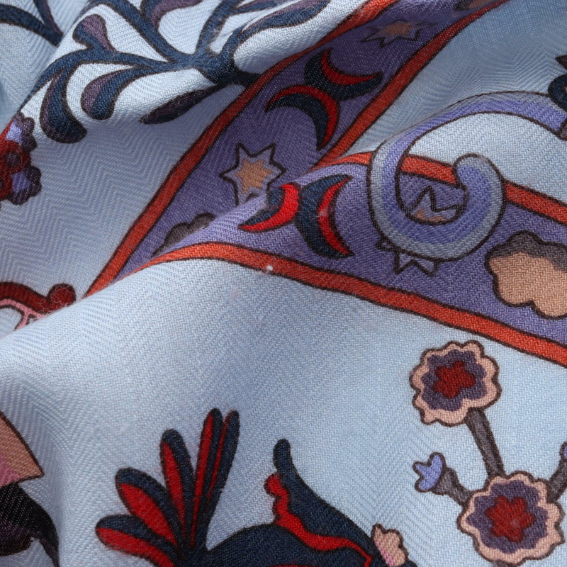 愛馬仕 Carre140 Peuple du Vent 絲巾,絲質羊絨混紡,藍色多色,二手女款-9