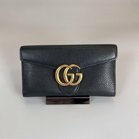 GUCCI 400586  黑金皮革掀蓋長夾