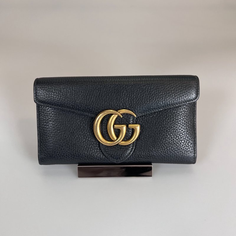 GUCCI 400586 黑金皮革掀蓋長夾-0