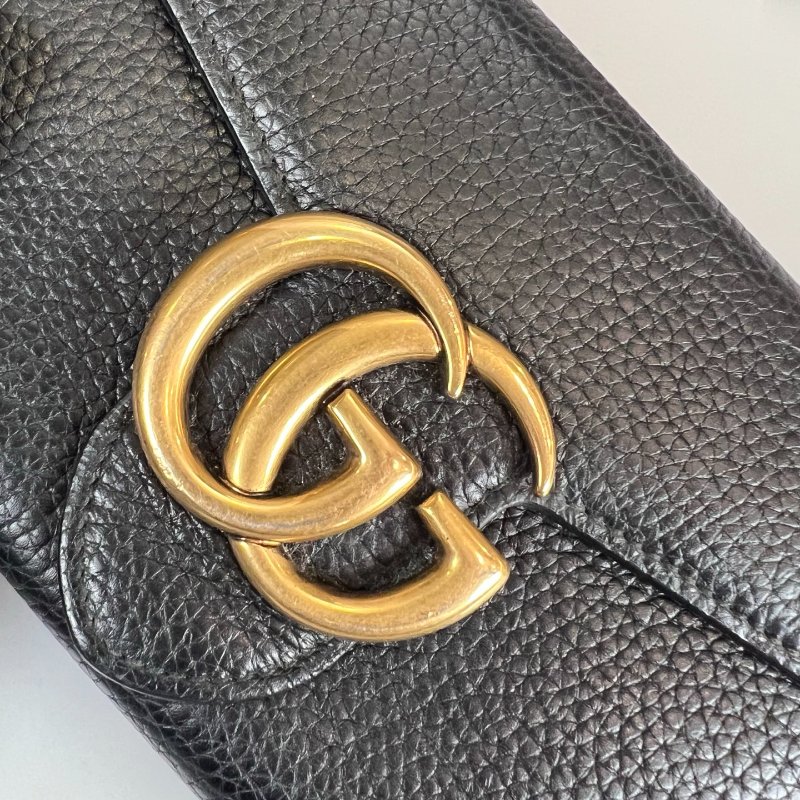 GUCCI 400586 黑金皮革掀蓋長夾-11