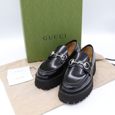 Gucci 古馳 黑色 厚底 樂福鞋 銀扣 EU35.5 未使用保存品