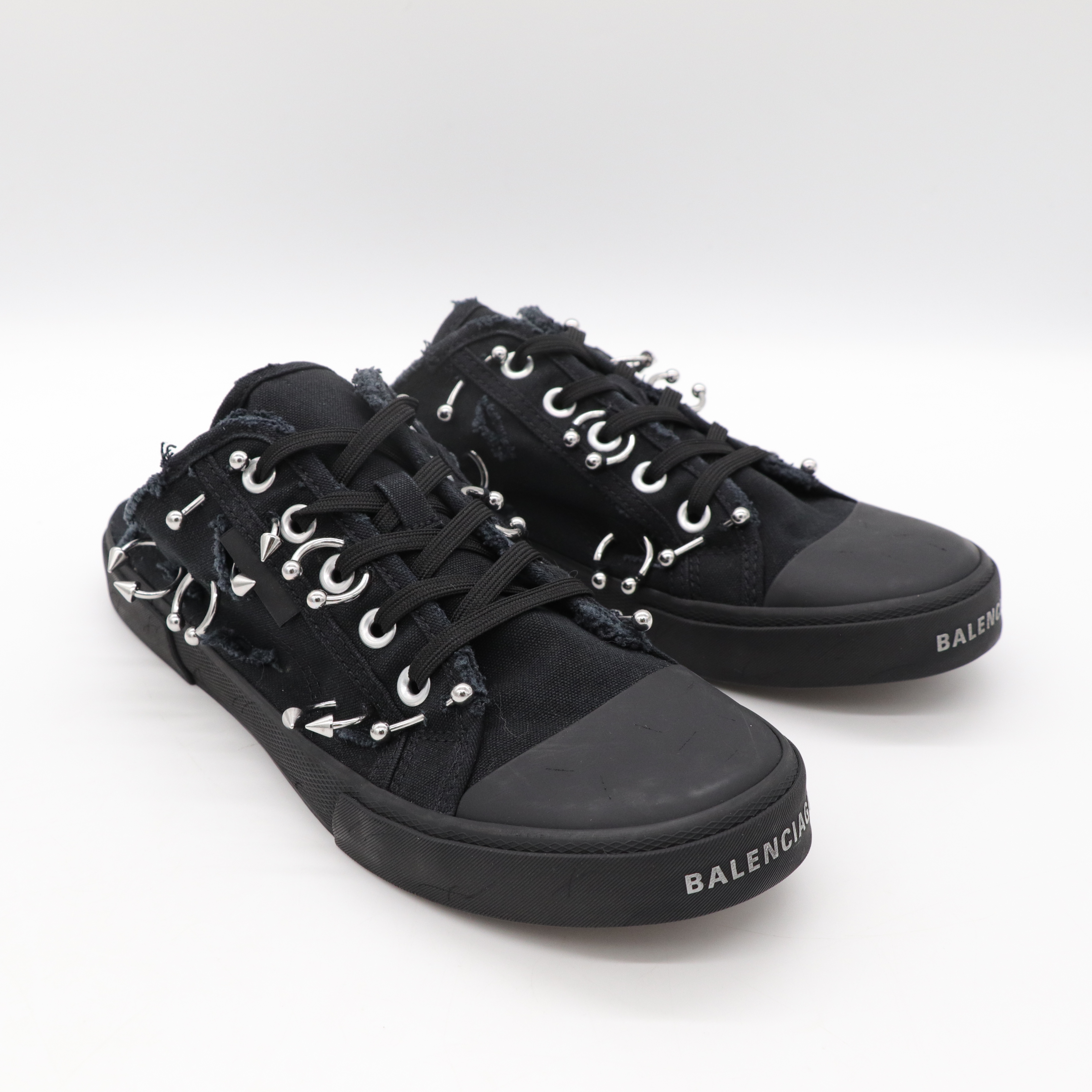 Balenciaga巴黎世家 黑色 鉚釘鉤環 帆布 厚底 拖鞋 EU42-3