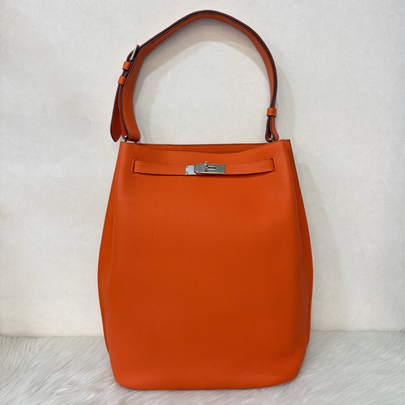 HERMES SO KELLY 26 TOGO愛馬仕橘色銀釦凱莉包肩背包斜背包水桶包-0
