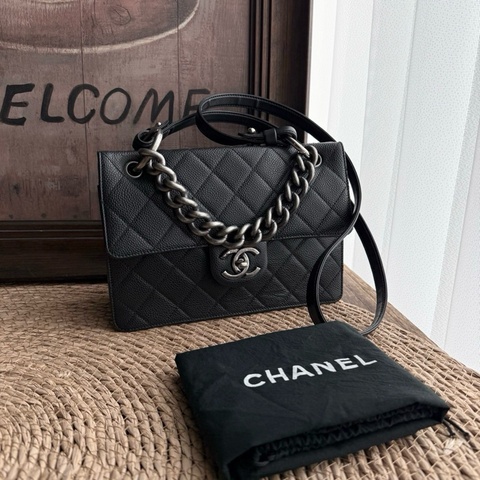 🆕98新Chanel/香奈兒2way孟買系列黑銀荔枝皮復古銀色槍色手提包斜挎包郵差信封包 小號 20开✅正品