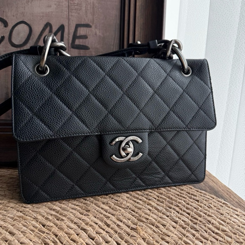 🆕98新Chanel/香奈兒2way孟買系列黑銀荔枝皮復古銀色槍色手提包斜挎包郵差信封包 小號 20开✅正品-1