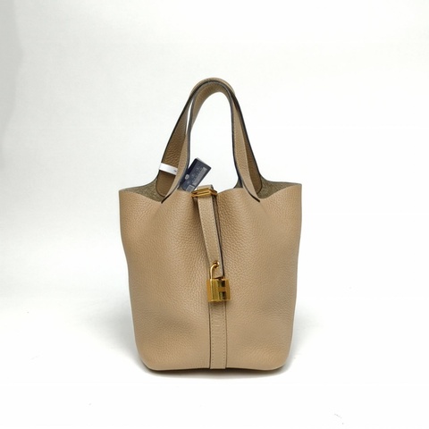 HERMES Picotin18菜籃子風衣灰TC皮Z刻金扣手提包