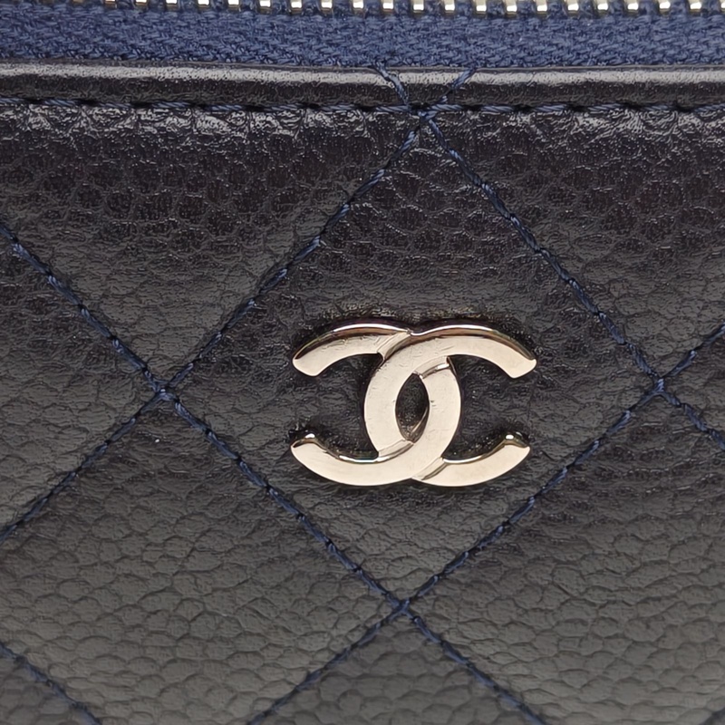 CHANEL 藍色荔枝牛皮18開銀扣深拉鏈款零錢包卡包錢包-4