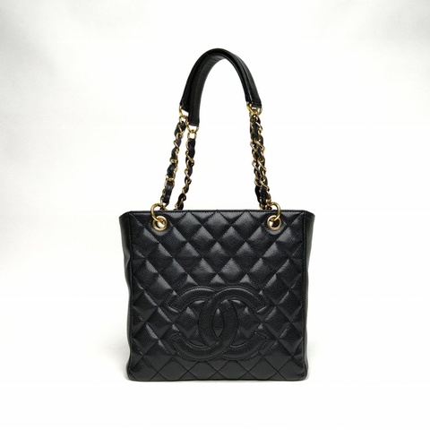 CHANEL 中古PST鏈條TOTE黑色荔枝牛皮12開金扣肩背包
