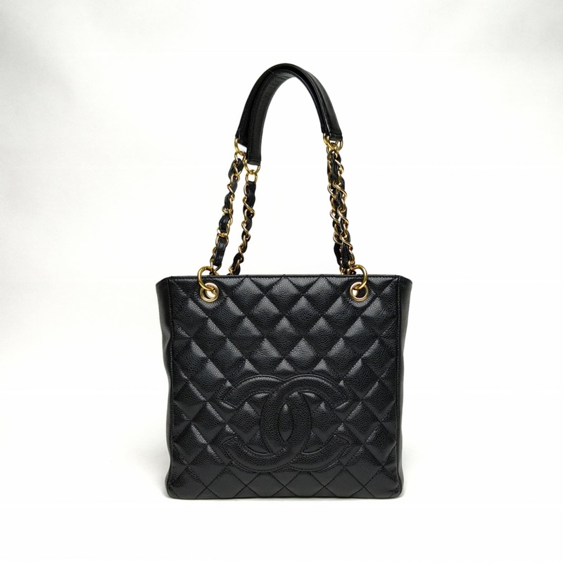 CHANEL 中古PST鏈條TOTE黑色荔枝牛皮12開金扣肩背包-0