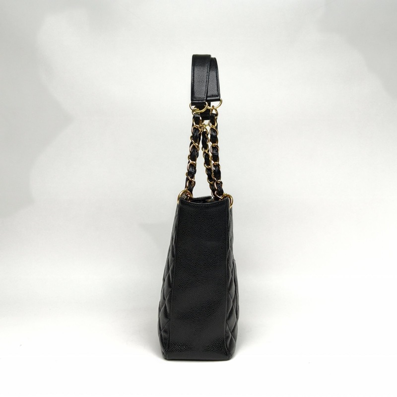 CHANEL 中古PST鏈條TOTE黑色荔枝牛皮12開金扣肩背包-1