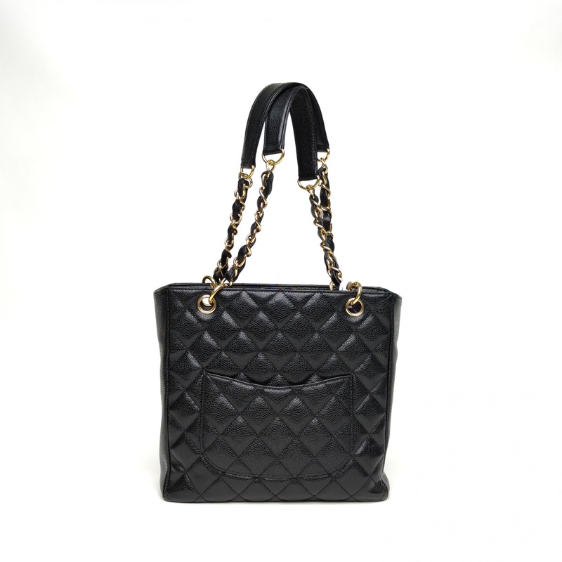 CHANEL 中古PST鏈條TOTE黑色荔枝牛皮12開金扣肩背包-2