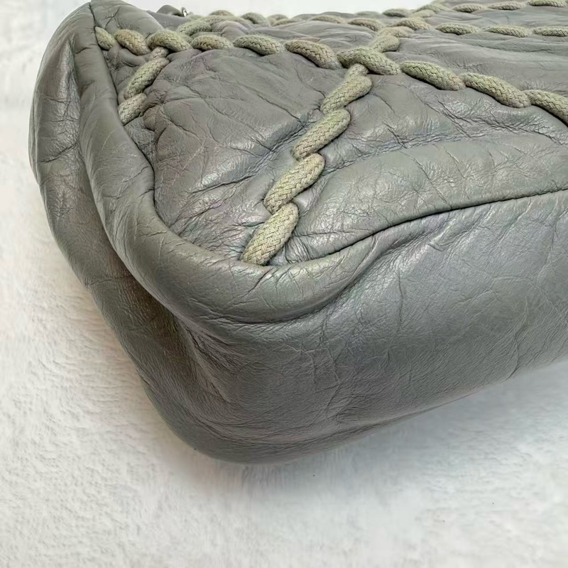 絕版款CHANEL香奈兒 CF系列 口蓋包 灰色銀扣 皺紋牛皮 外縫線菱格紋 復古做舊風格稀有款女士單肩斜挎包-9