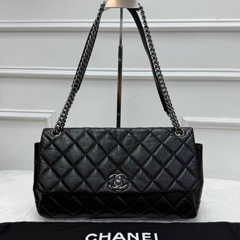 CHANEL香奈兒 CF系列機場包 黑色銀扣 牛皮 菱格紋鏈條包 復古做舊風格經典款女士單肩斜挎包