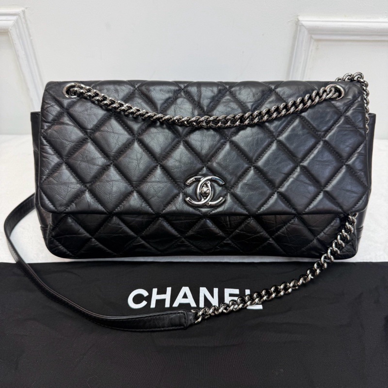 CHANEL香奈兒 CF系列機場包 黑色銀扣 牛皮 菱格紋鏈條包 復古做舊風格經典款女士單肩斜挎包-1