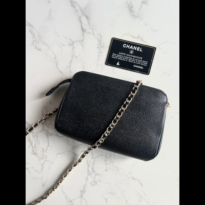 【LA LUNE】中古二手Chanel黑色魚子醬皮革側背包 斜背包 皮革包 單肩包 古董-2
